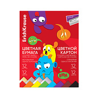 Набор цв. бум. мелов. и картона глянц. в папке ErichKrause, Весёлые друзья, А4, 24 листа, по 12 цветов (с металлиз.)