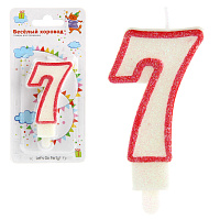Свеча для торта цифра 7 красн., глит., подст., 1шт/бл.