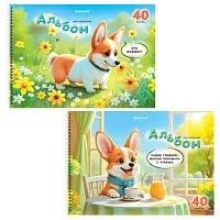 Альбомы для рисования ДЭК, А4, 40 л., КОМПЛЕКТ 2 шт., гребень, глянцевый лак, BRAUBERG, 200х290 мм, "Корги", 107739