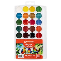 Краски акварельные BRAUBERG "МАГИЯ ЦВЕТА" 32 цвета, медовые, круглые кюветы, пенал, 192684