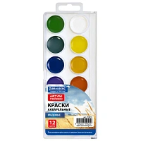 Краски акварельные для школ и худож. училищ BRAUBERG "ART ПЕЙЗАЖ", медовые,12 цветов, круглые кюветы, пластик. пенал с европодвесом, 192814