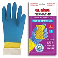Перчатки МНОГОРАЗОВЫЕ латексные LAIMA "БИКОЛОР", сине-желтые, ОСОБО ПРОЧНЫЕ, хлопковое напыление, размер L (большой), вес 60 г, 700543