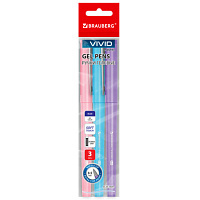 Ручки гелевые с грипом BRAUBERG "VIVID PASTEL", СИНИЕ, НАБОР 3 ШТ., игольчатый узел 0,5 мм, линия письма 0,35 мм, 144540